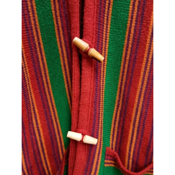 Vintage 90s Sweater Jacket Womens Large Green Red Striped Hooded BOHO Hippie - Picture 3 of 11